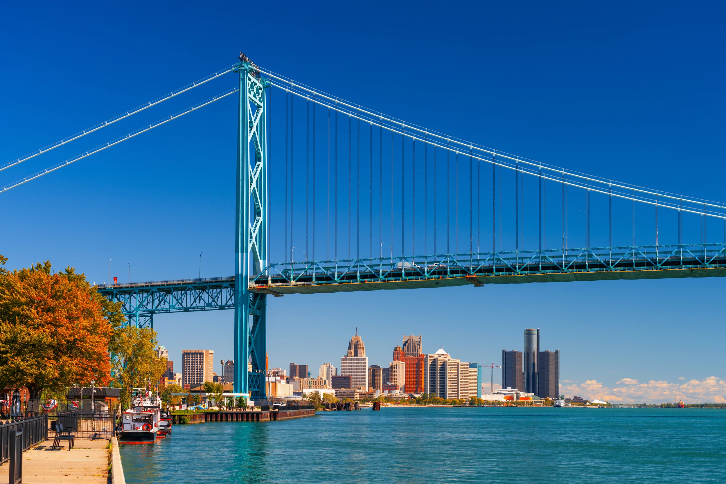 The Ambassador Bridge spanning the Detroit River into Detroit, Michigan