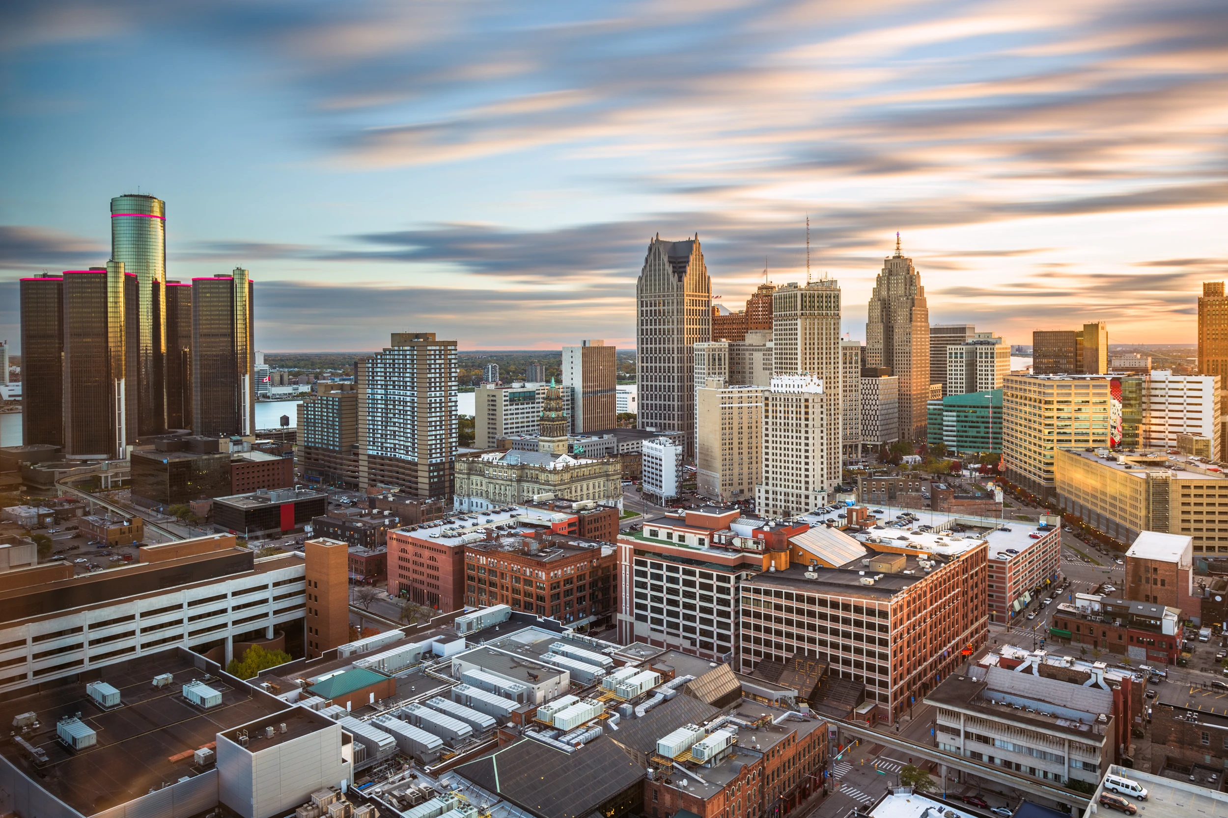 Aerial view of downtown Detroit, Michigan at dusk