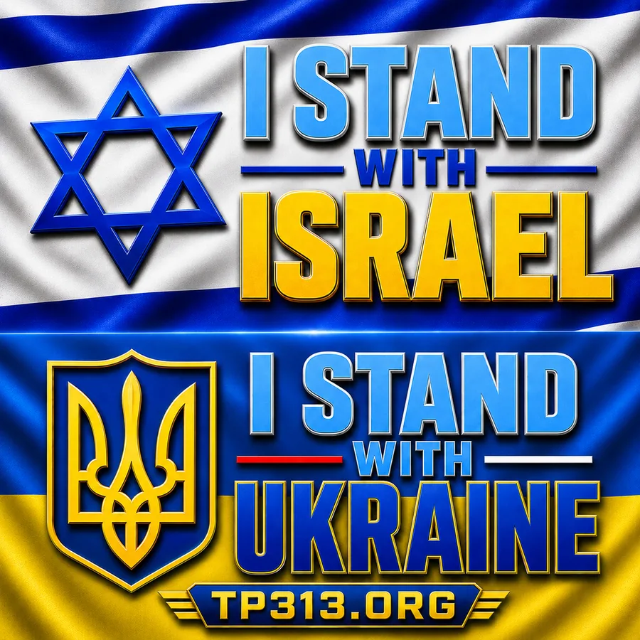 I Stand with Israel and I Stand with Ukraine, shown with the Star of David on the Israeli flag and the Ukrainian trident on the Ukrainian flag, tp313.org